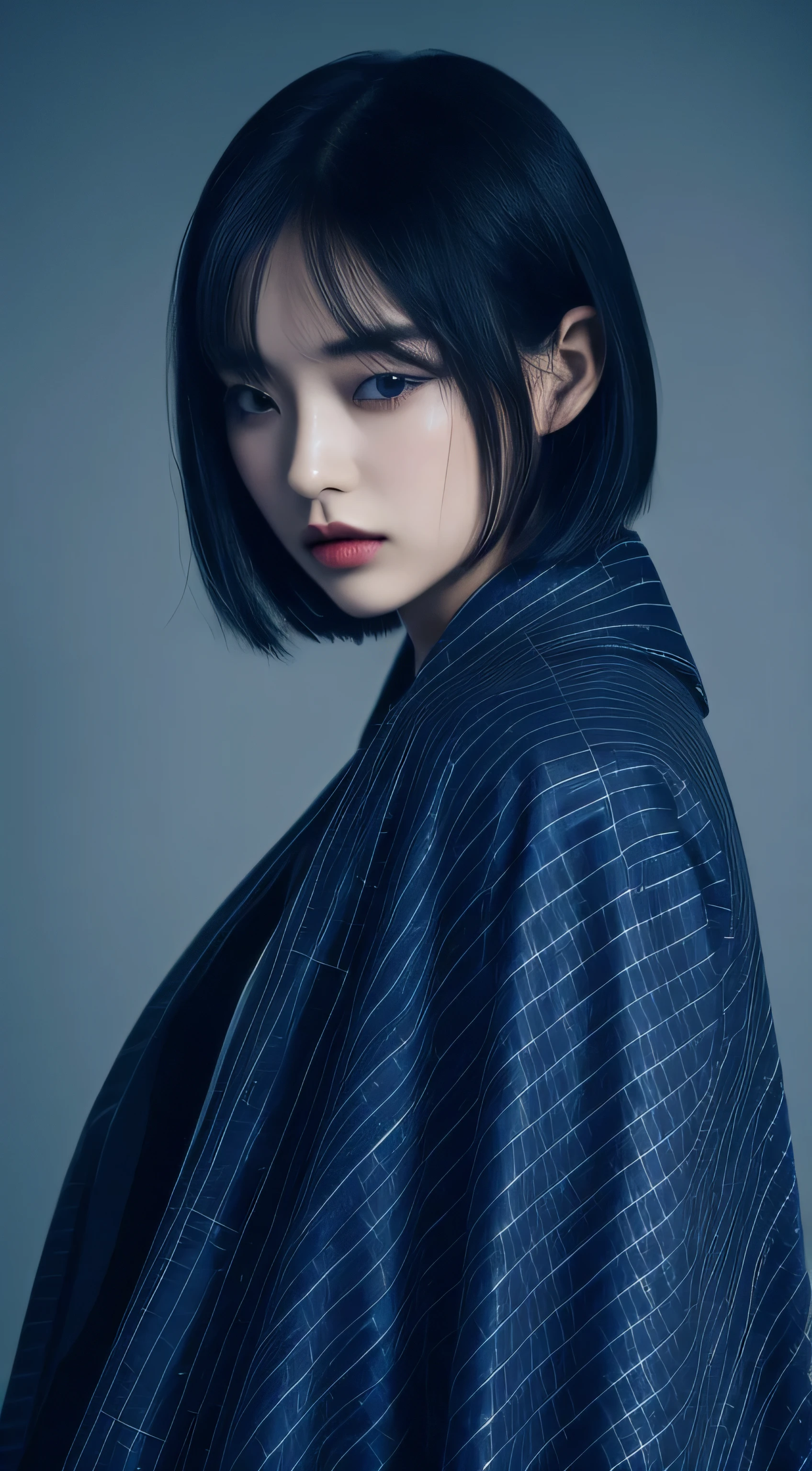 An extraordinary editorial fashion photo of one Korean beautiful cute girl, black bob hair model, Unique hair details, dark blue line check pattern  rain coat , double eyelid, bob hair, in the rain , hyper res, dark blue background