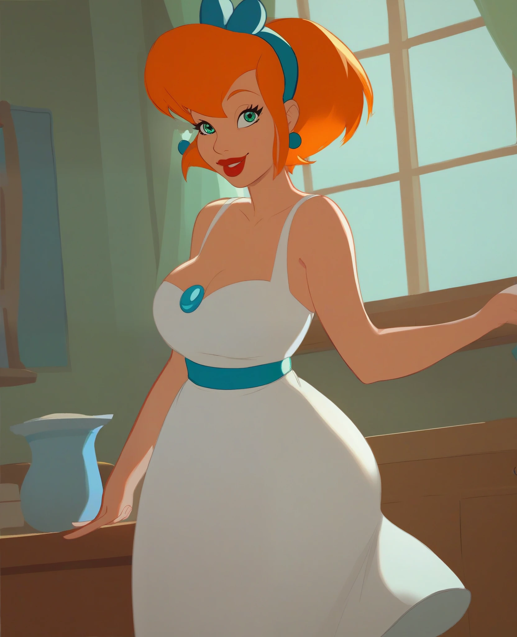 score_8, score_9, cecilia, 1 woman, adult female , mature woman body, solo, orange hair, short hair, green eyes, lips, red lipstik, long white dress, hairband, smile, indoors, white socks, blue shoes, in rich apartment, happy smile, standing, big breasts, sexy hips,