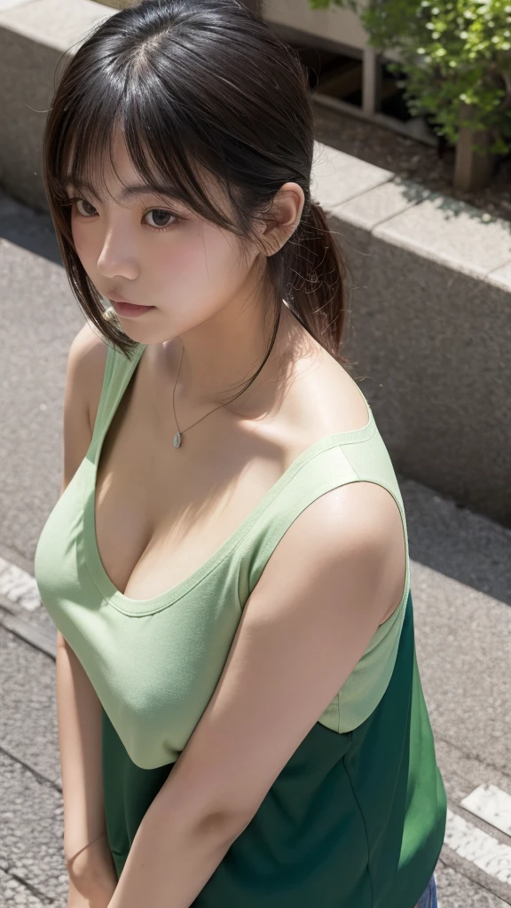 plump japanese girl,adult plump body,deep-green plain shirt,sleeveless and low-cut neckline shirt,(from above:1.1),sideshot,(breast focus),(head out of frame),standing at downtown,
