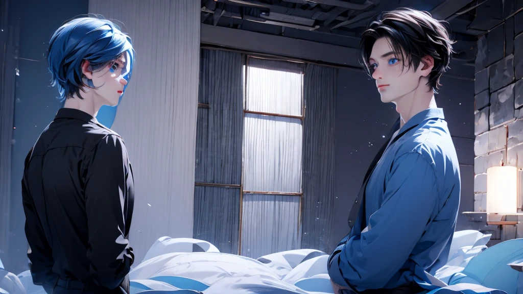 1 Boy&Girl , Boy medium light black hair, Girl medium light Blue hair, light blue eyes, wearing black suit, night city, 18+ , high res, ultrasharp, 8K, masterpiece, looking from behind