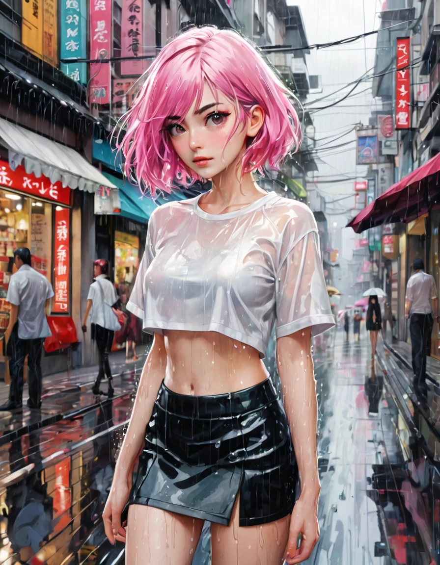(masterpiece:1.2), best quality, high resolution, unity 8k wallpaper, illustration, extremely detailed eyes, extremely detailed face, extremely detailed CG, (1girl, solo:1.5), {{perfect anatomy}}, (panorama:0.5), ((view from top)), looking up, rain, heavy rain, white shirt, crop top, mini skirt, transparency, marked nipples((wet clothes)), ((wet hair)), shopping district, gahata meiji, White, fades to pink hair, medium length hair, Pink, long white eyelashes, (art inspired by Bill Sienkiewicz,). oil painting)