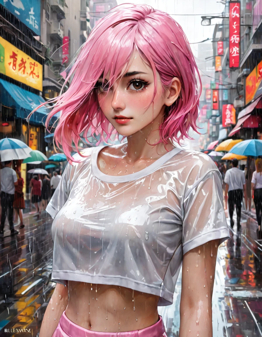 (masterpiece:1.2), best quality, high resolution, unity 8k wallpaper, illustration, extremely detailed eyes, extremely detailed face, extremely detailed CG, (1girl, solo:1.5), {{perfect anatomy}}, (panorama:0.5), ((view from top)), looking up, rain, heavy rain, white shirt, crop top, mini skirt, transparency, marked nipples((wet clothes)), ((wet hair)), shopping district, gahata meiji, White, fades to pink hair, medium length hair, Pink, long white eyelashes, (art inspired by Bill Sienkiewicz,). oil painting)

