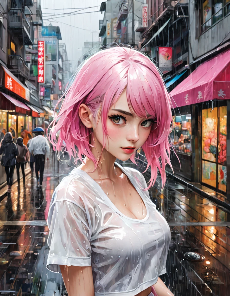 (masterpiece:1.2), best quality, high resolution, unity 8k wallpaper, illustration, extremely detailed eyes, extremely detailed face, extremely detailed CG, (1girl, solo:1.5), {{perfect anatomy}}, (panorama:0.5), ((view from top)), looking up, rain, heavy rain, white shirt, crop top, mini skirt, transparency, marked nipples((wet clothes)), ((wet hair)), shopping district, gahata meiji, White, fades to pink hair, medium length hair, Pink, long white eyelashes, (art inspired by Bill Sienkiewicz,). oil painting)