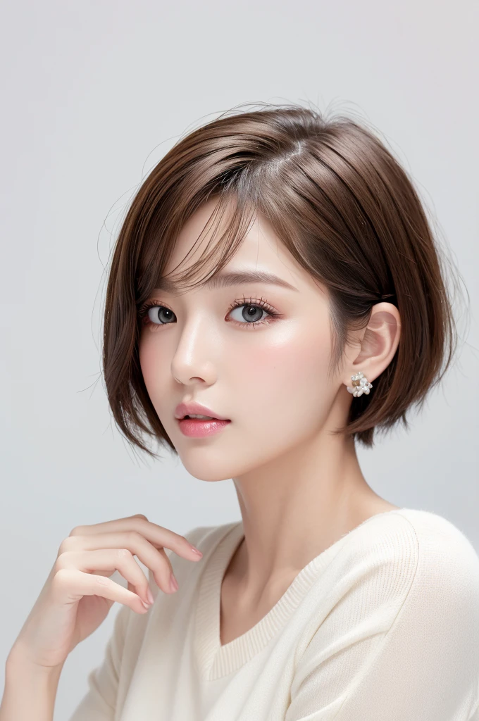 (highest quality、Tabletop、8k、Best image quality、Award-winning works)、((profile:1.4))、ear、((short hair:1.46)),(Brown Hair)、(White casual clothes:1.2)、(The simplest pure white background:1.3)、(Perfectly fixed in front:1.1),(Portrait with Space:1.2)、Beautiful and exquisite、Perfect Makeup、Ultra-high definition beauty face、Ultra HD Hair、Ultra HD Shining Eyes、Super high quality glossy lip、Accurate anatomy、Very beautiful skin、(Pure white skin shining in ultra-high resolution:1.1)、(Very bright:1.2),Big Natural Color Lip、Lip gloss,Harajuku、cute、cute美人