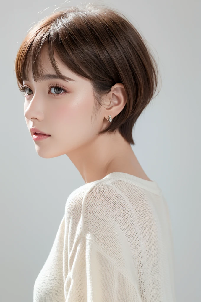 (highest quality、Tabletop、8k、Best image quality、Award-winning works)、((profile:1.4))、ear、((short hair:1.46)),(Brown Hair)、(White casual clothes:1.2)、(The simplest pure white background:1.3)、(Perfectly fixed in front:1.1),(Portrait with Space:1.2)、Beautiful and exquisite、Perfect Makeup、Ultra-high definition beauty face、Ultra HD Hair、Ultra HD Shining Eyes、Super high quality glossy lip、Accurate anatomy、Very beautiful skin、(Pure white skin shining in ultra-high resolution:1.1)、(Very bright:1.2),Big Natural Color Lip、Lip gloss,Harajuku、cute、cute美人