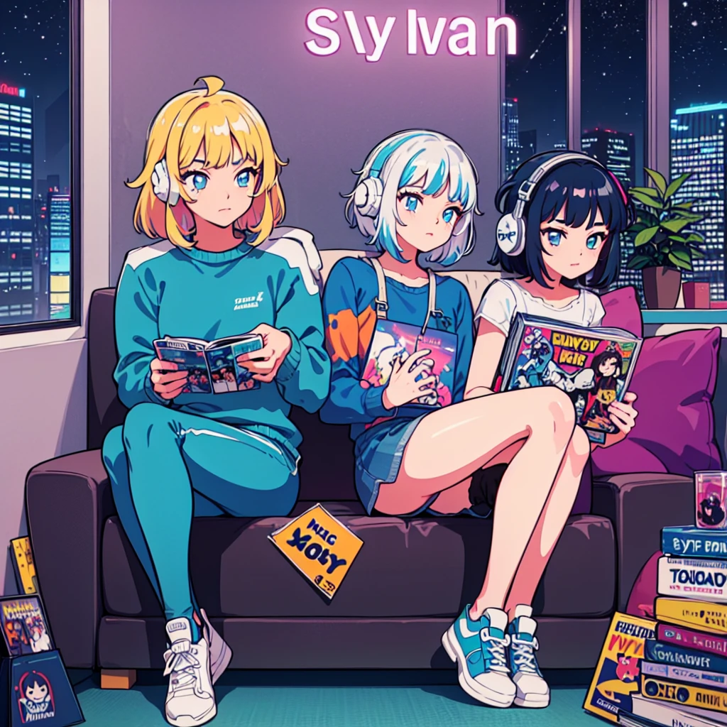 (masterpiece), highest quality, Expressive eyes, Neon pastel aesthetics, Retro 90s, Neon color,((Girl sitting on sofa,In a cozy room,Records hanging on her wall, Comic books on the floor, Looking out the window behind her at the night city, Upholstered room, Anime figures lined up on a shelf)), Wearing headphones, (All around her it sparkles), (wearing thick colorful sneakers), (blue eyes), (Soft look), (Synthwave Art Style), Colorful Hair, Desk with PC set up
