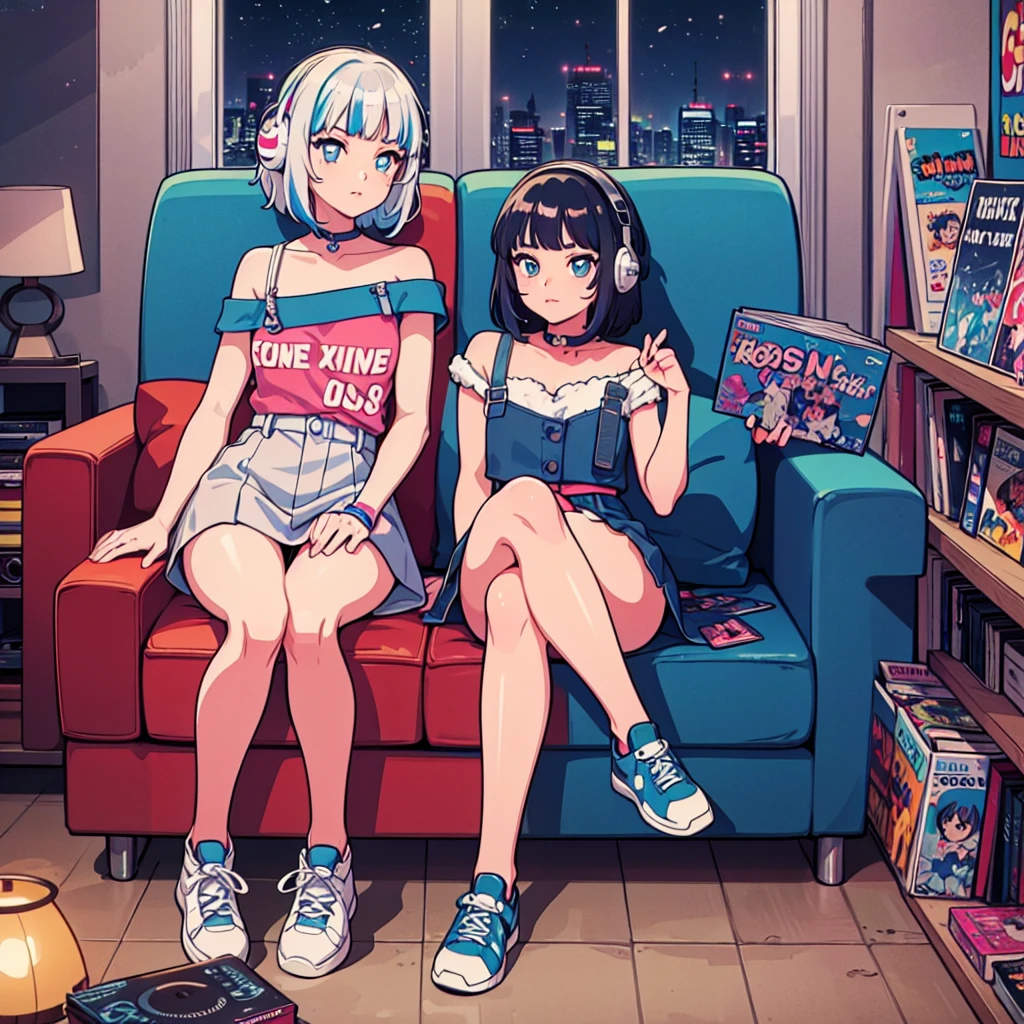 (masterpiece), highest quality, Expressive eyes, Neon pastel aesthetics, Retro 90s, Neon color,((Girl sitting on sofa,In a cozy room,Records hanging on her wall, Comic books on the floor, Looking out the window behind her at the night city, Upholstered room, Anime figures lined up on a shelf)), Wearing headphones, (All around her it sparkles), (wearing thick colorful sneakers), (blue eyes), (Soft look), (Synthwave Art Style), Colorful Hair, Desk with PC set up