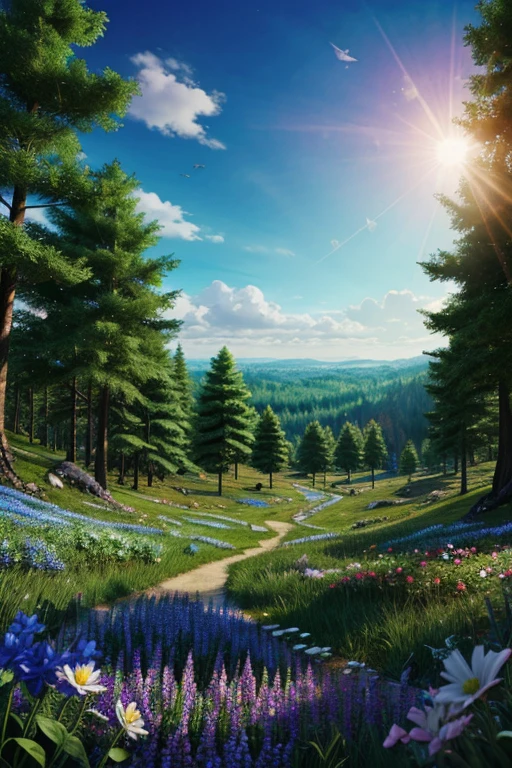 make a fantasy world background with blue sky, forest, and flower