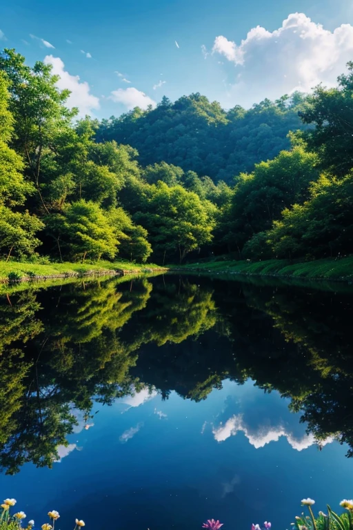 make a fantasy world background with blue sky, forest, and flower