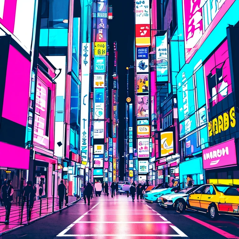 ((masterpiece)), (((best quality))), CD Jacket, Background picture, chromatic lighting,
colorized, violet + pink limited color palette, 
detailed concept drawing,
Shibuya street, cyberpunk, futuristic,