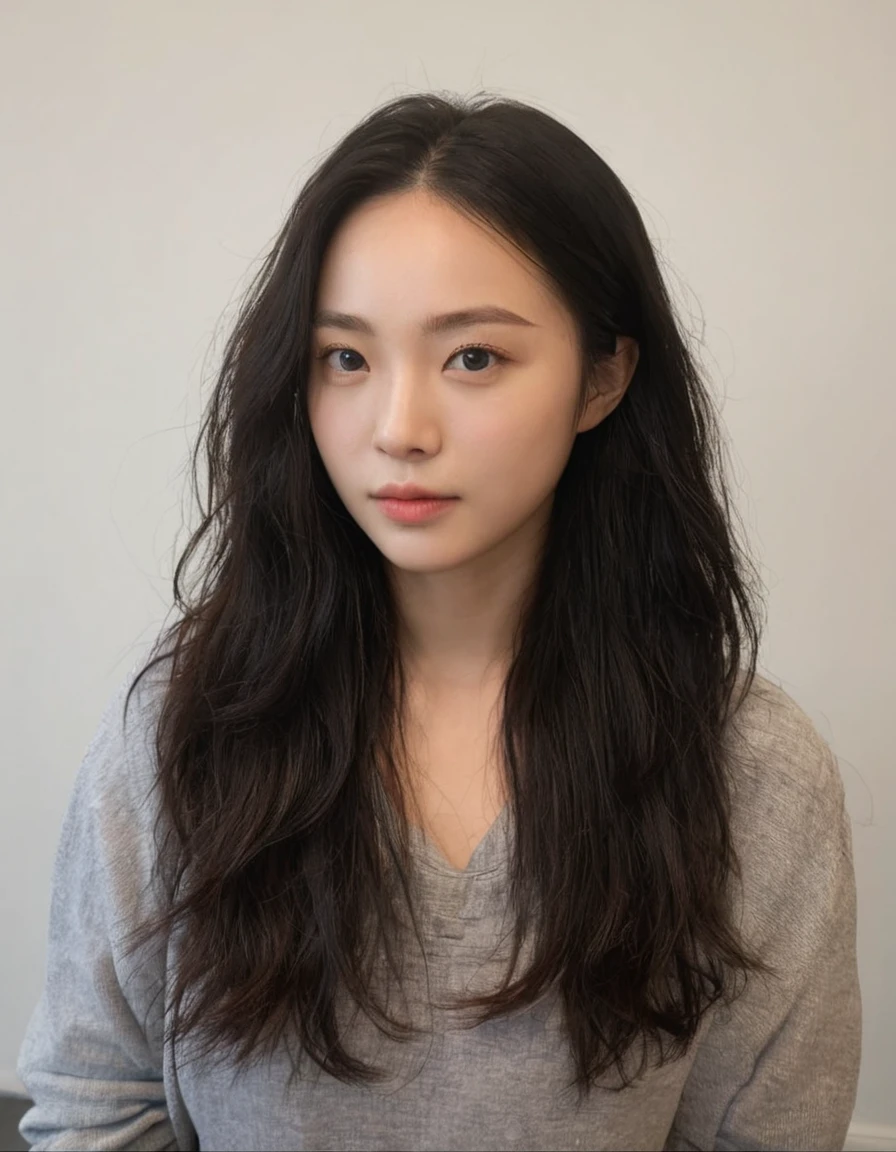 Best Quality, 8k, Masterpiece, (Portrait: 1.3), (photo realistic:1.4), (hyper realistic:1.4), Sharp Focus, looking at viewer, (smoother lighting:1.1), (increase cinematic lighting quality:0.9), realistic lighting, backlighting, light on face, ray trace, (brightening light:1.2), (Increase quality:1.4), sharp detail, (best quality real texture skin:1.4), finely detailed eyes, black_eyes, finely detailed face, 25 year old Korean woman, (gray formal_shirt:1.4), (Create an image maintaining the original base model hairstyle:1.5)