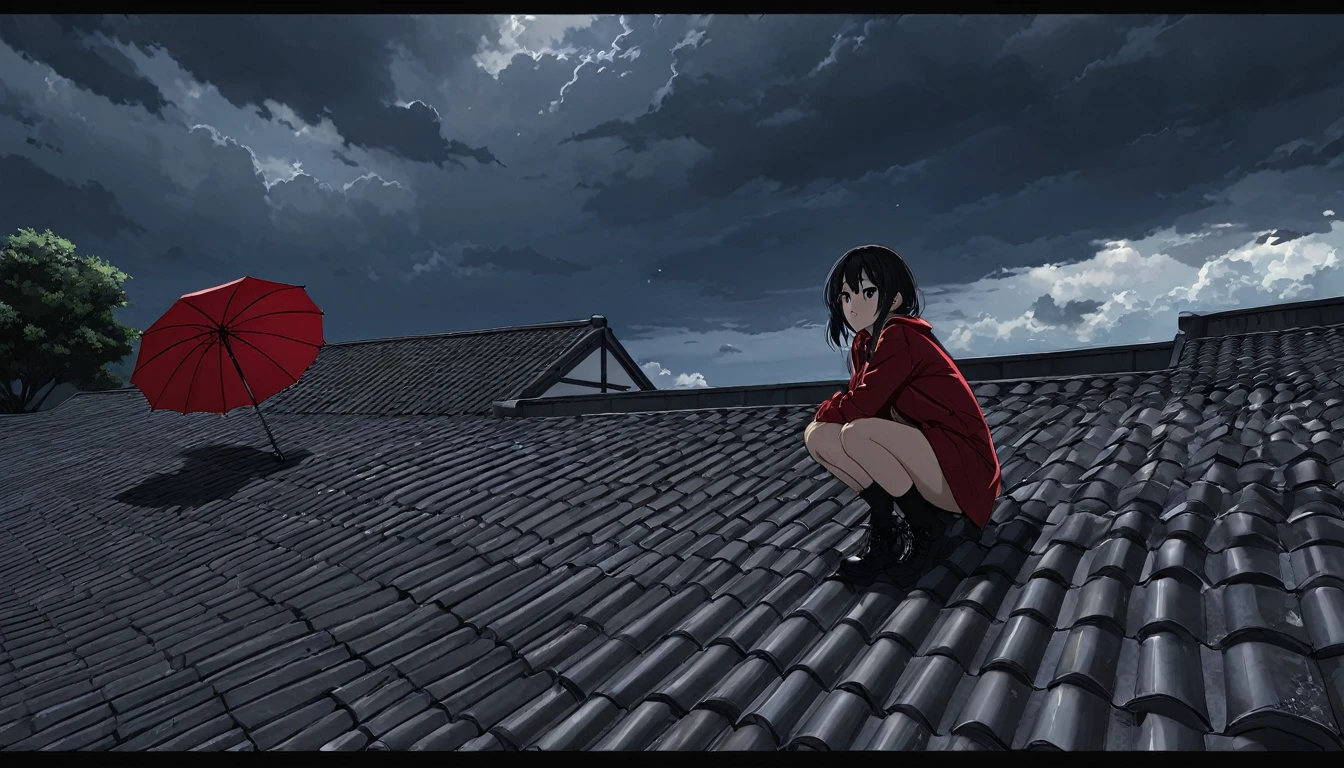 Ultra high definition animation. On a tiled roof with a chimney, a girl is crouching with a red umbrella. The sky is full of dark clouds. Detailed description of eyes, nose, and mouth