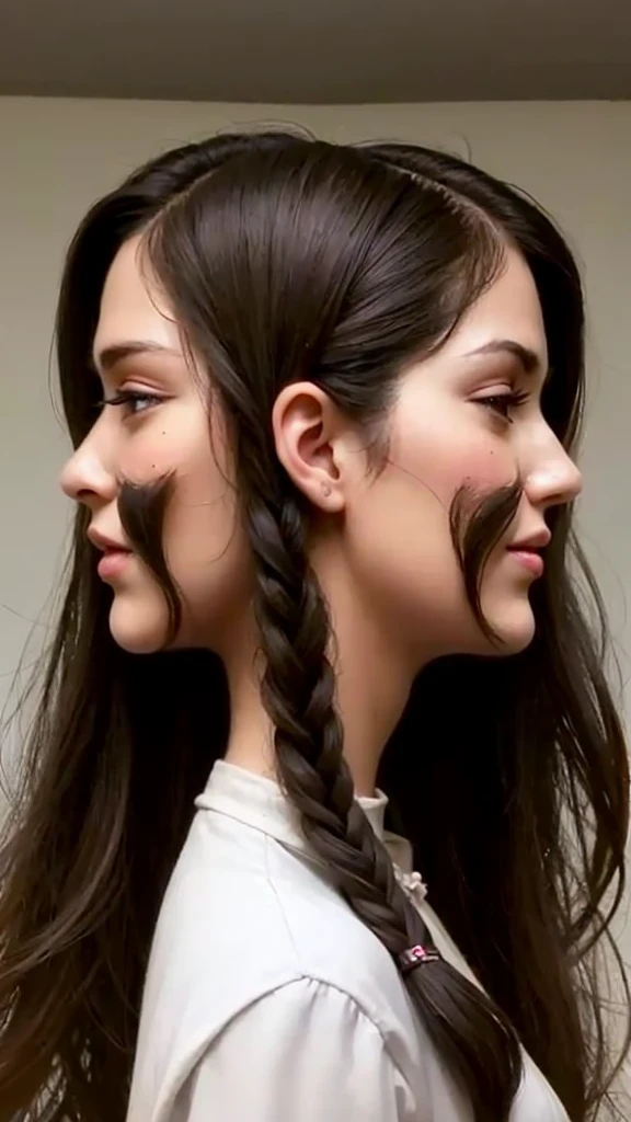a girl with a head on both sides, girl avec de longs cheveux roux, deux belles filles, conjoined woman,