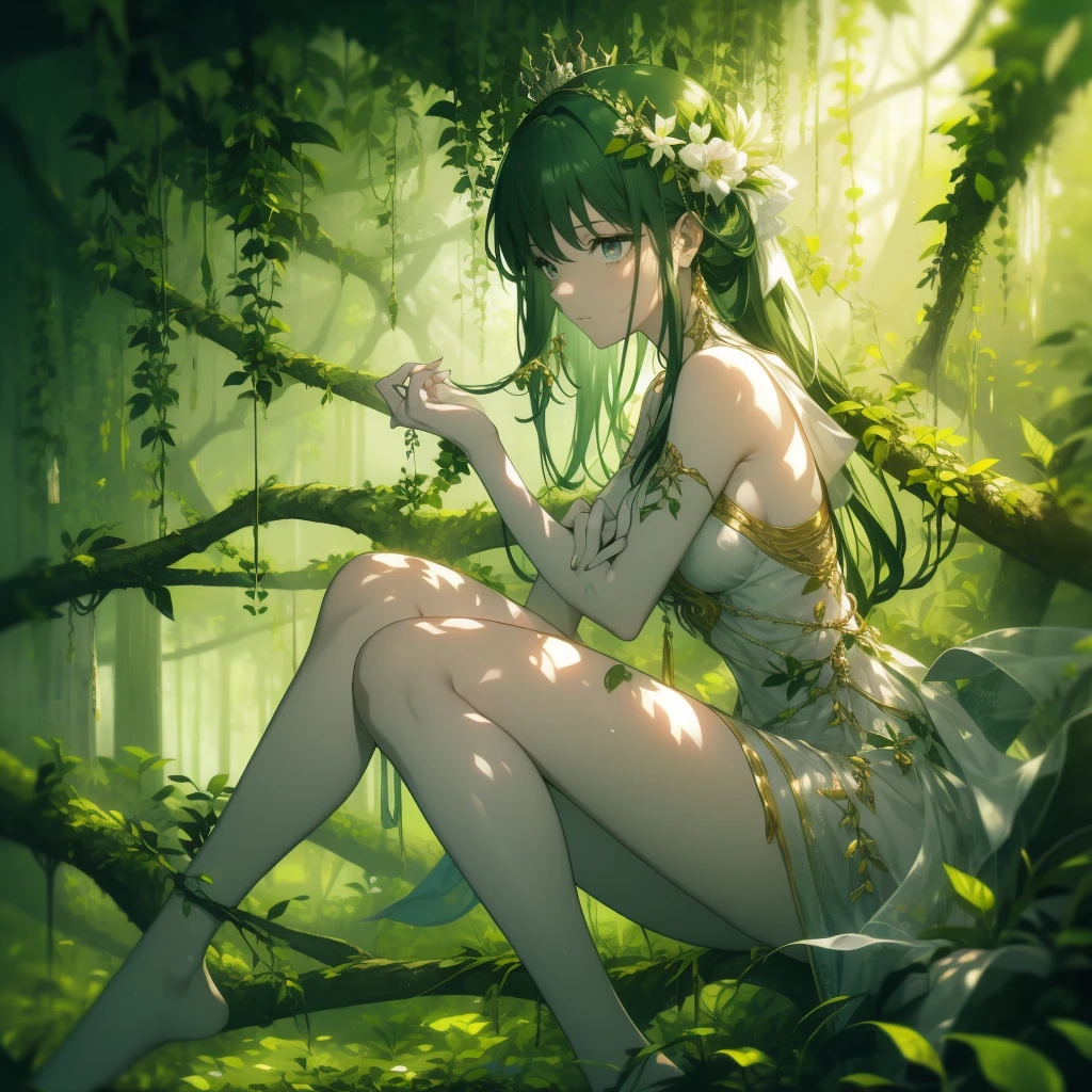 Name: Elyria
Element: Verdanthia
Description: A gentle soul with a deep connection to nature. She can summon vines to restrain her enemies and amplify her senses with the whispers of the forest.
Prompt:  [[[Wildflowers]], 1girl, sitting, (nestled in roots, glowing verdant glow, branch extension), (veins glowing, pale skin, forest floor), (leafy green hair wrapping around shoulder), (tiny flowers in hair), ((detailed leaves on skin)), (solar crown), (eye contact), (bare feet), (draped vines), ((slow), reflective), ((ecological hues)), (background, forest floor, mossy), (organic shapes), (meditative), ((relaxed pose, bent knees, hands clasped)), ((warm lighting, soft focal point)), (25 years old), ((whispers in wind))