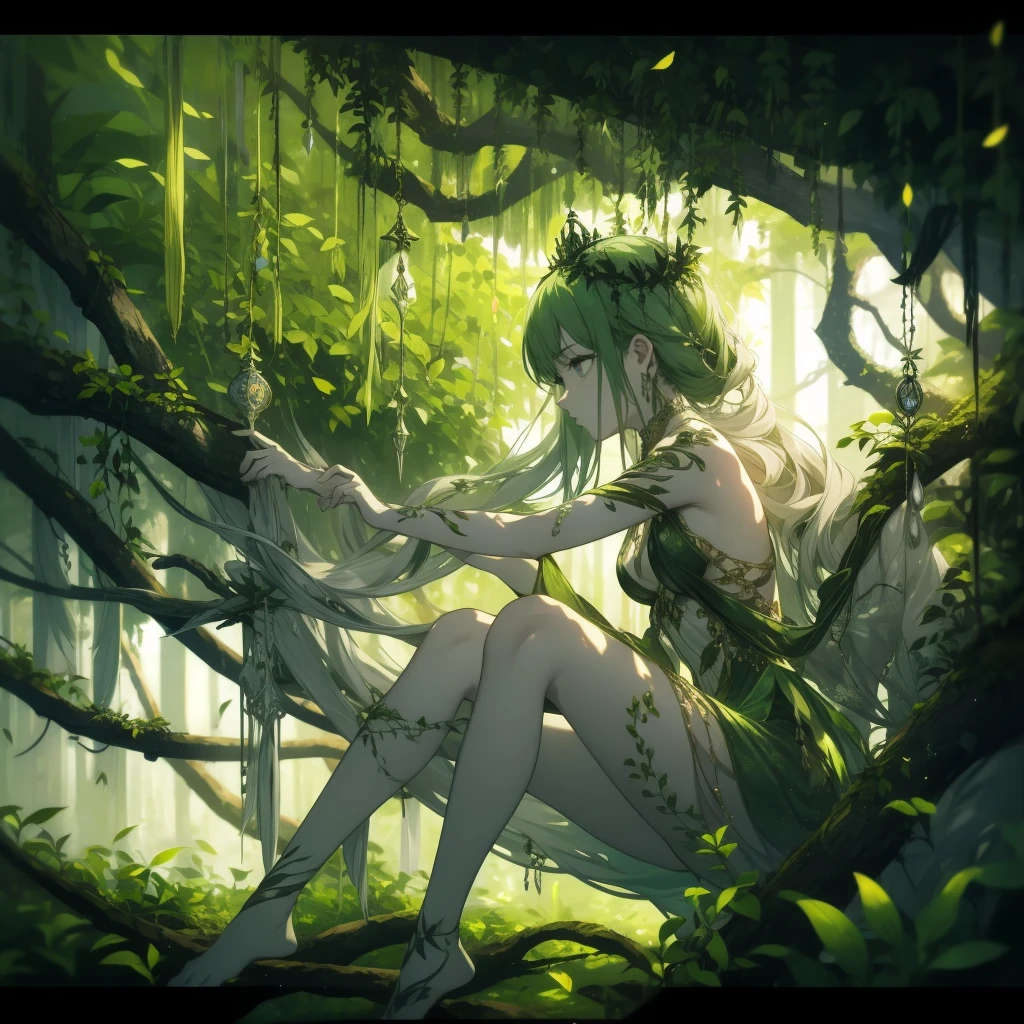 Name: Elyria
Element: Verdanthia
Description: A gentle soul with a deep connection to nature. She can summon vines to restrain her enemies and amplify her senses with the whispers of the forest.
Prompt:  [[[Wildflowers]], 1girl, sitting, (nestled in roots, glowing verdant glow, branch extension), (veins glowing, pale skin, forest floor), (leafy green hair wrapping around shoulder), (tiny flowers in hair), ((detailed leaves on skin)), (solar crown), (eye contact), (bare feet), (draped vines), ((slow), reflective), ((ecological hues)), (background, forest floor, mossy), (organic shapes), (meditative), ((relaxed pose, bent knees, hands clasped)), ((warm lighting, soft focal point)), (25 years old), ((whispers in wind))