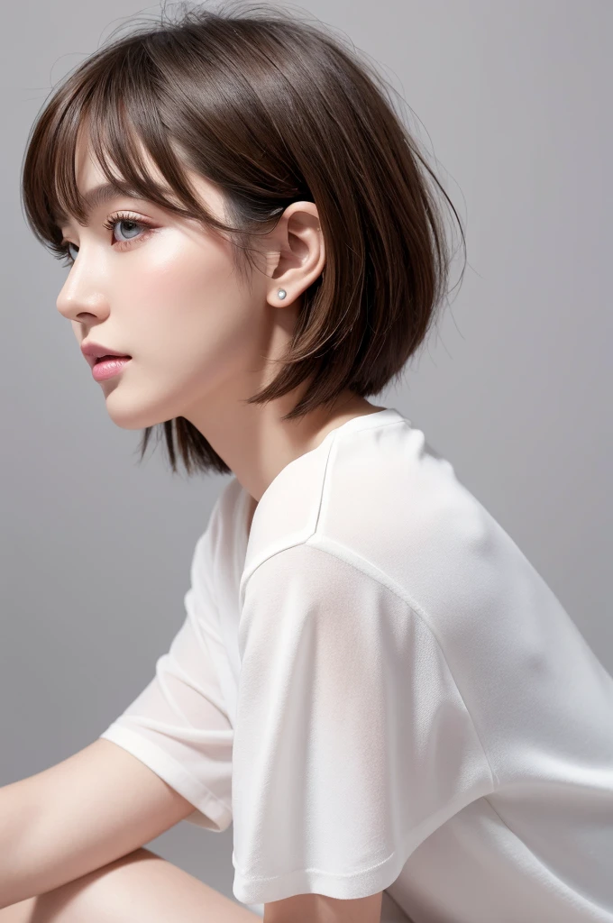 (highest quality、Tabletop、8k、Best image quality、Award-winning works)、((profile:1.4))、ear、((short hair:1.46)),(Brown Hair)、(White casual clothes:1.2)、(The simplest pure white background:1.3)、(Perfectly fixed in front:1.1),(Portrait with Space:1.2)、Beautiful and exquisite、Perfect Makeup、Ultra-high definition beauty face、Ultra HD Hair、Ultra HD Shining Eyes、Super high quality glossy lip、Accurate ???????、Very beautiful skin、(Pure white skin shining in ultra-high resolution:1.1)、(Very bright:1.2),Big Natural Color Lip、Lip gloss,Harajuku、cute、cute美人