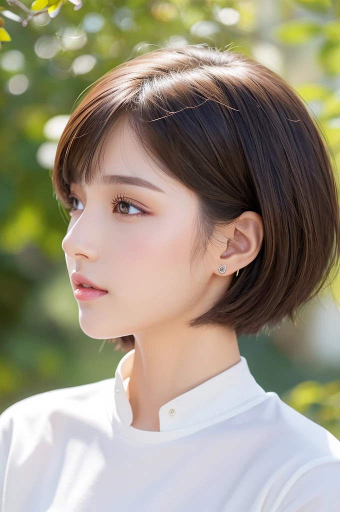 (highest quality、Tabletop、8k、Best image quality、Award-winning works)、((profile:1.4))、ear、((short hair:1.46)),(Brown Hair)、(White casual clothes:1.2)、(The simplest pure white background:1.3)、(Perfectly fixed in front:1.1),(Portrait with Space:1.2)、Beautiful and exquisite、Perfect Makeup、Ultra-high definition beauty face、Ultra HD Hair、Ultra HD Shining Eyes、Super high quality glossy lip、Accurate anatomy、Very beautiful skin、(Pure white skin shining in ultra-high resolution:1.1)、(Very bright:1.2),Big Natural Color Lip、Lip gloss,Harajuku、cute、cute美人