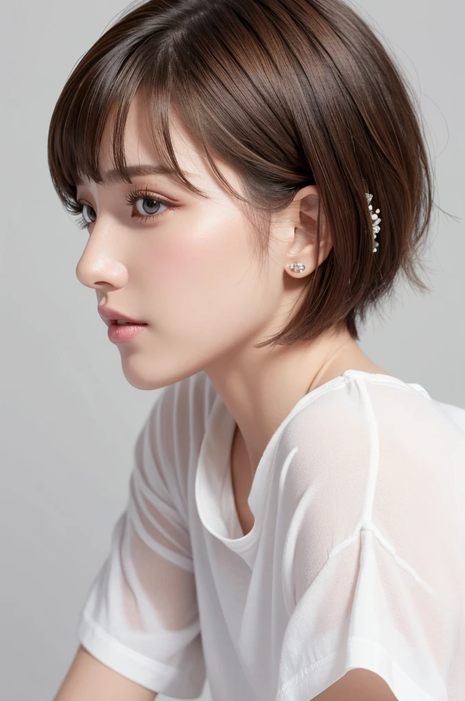 (highest quality、Tabletop、8k、Best image quality、Award-winning works)、((profile:1.4))、ear、((short hair:1.46)),(Brown Hair)、(White casual clothes:1.2)、(The simplest pure white background:1.3)、(Perfectly fixed in front:1.1),(Portrait with Space:1.2)、Beautiful and exquisite、Perfect Makeup、Ultra-high definition beauty face、Ultra HD Hair、Ultra HD Shining Eyes、Super high quality glossy lip、Accurate anatomy、Very beautiful skin、(Pure white skin shining in ultra-high resolution:1.1)、(Very bright:1.2),Big Natural Color Lip、Lip gloss,Harajuku、cute、cute美人