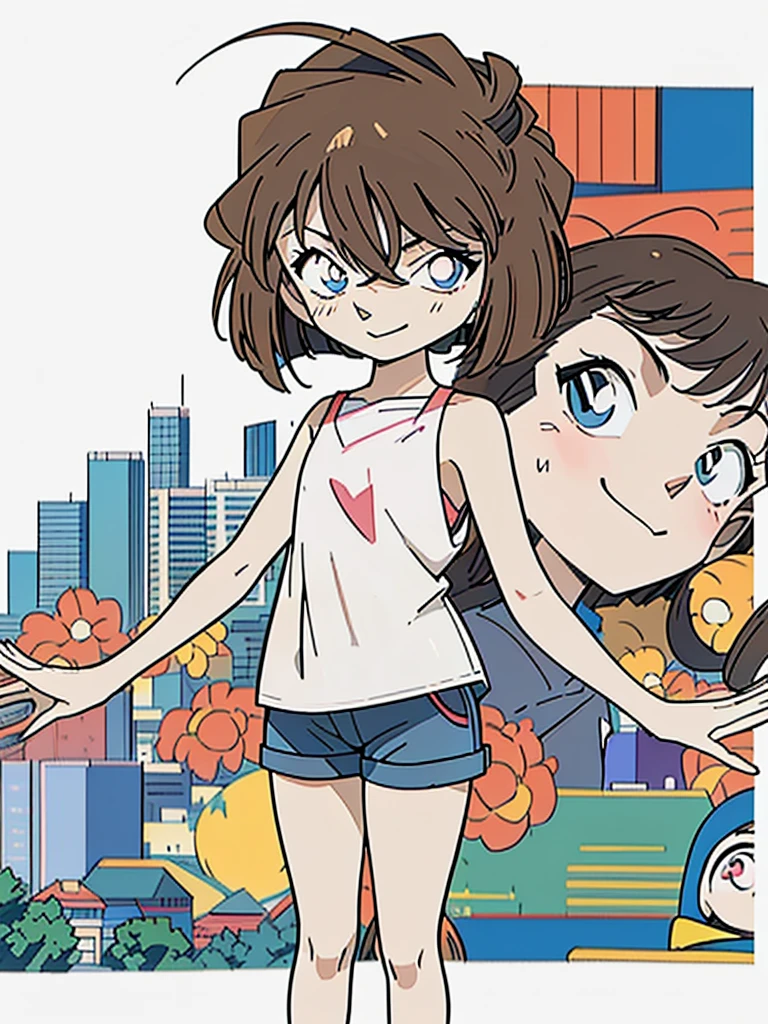 anime style, (1girl in, Solo:1.0), (Haibara Ai), ((Short pants)), (((Big eyes))), (Cute anime girl head), (flat chest),looking at viewer,With a height of 100cm, shoot from front, (head shot), soft smile、happy smile, Simple lineinimalism,Abstract Art,City background