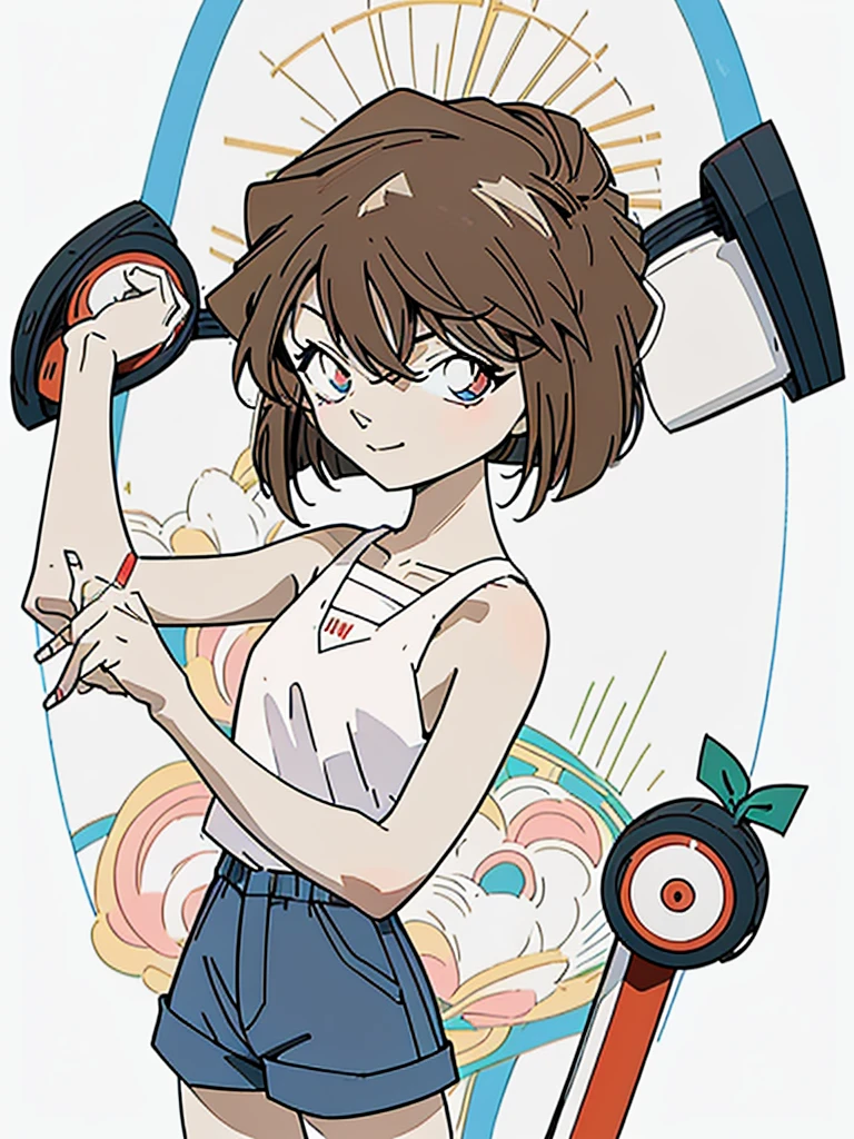anime style, (1girl in, Solo:1.0), (Haibara Ai), ((Short pants)), (((Big eyes))), (Cute anime girl head), (flat chest),looking at viewer,With a height of 100cm, shoot from front, (head shot), soft smile、happy smile, Simple lineinimalism,Abstract Art,City background