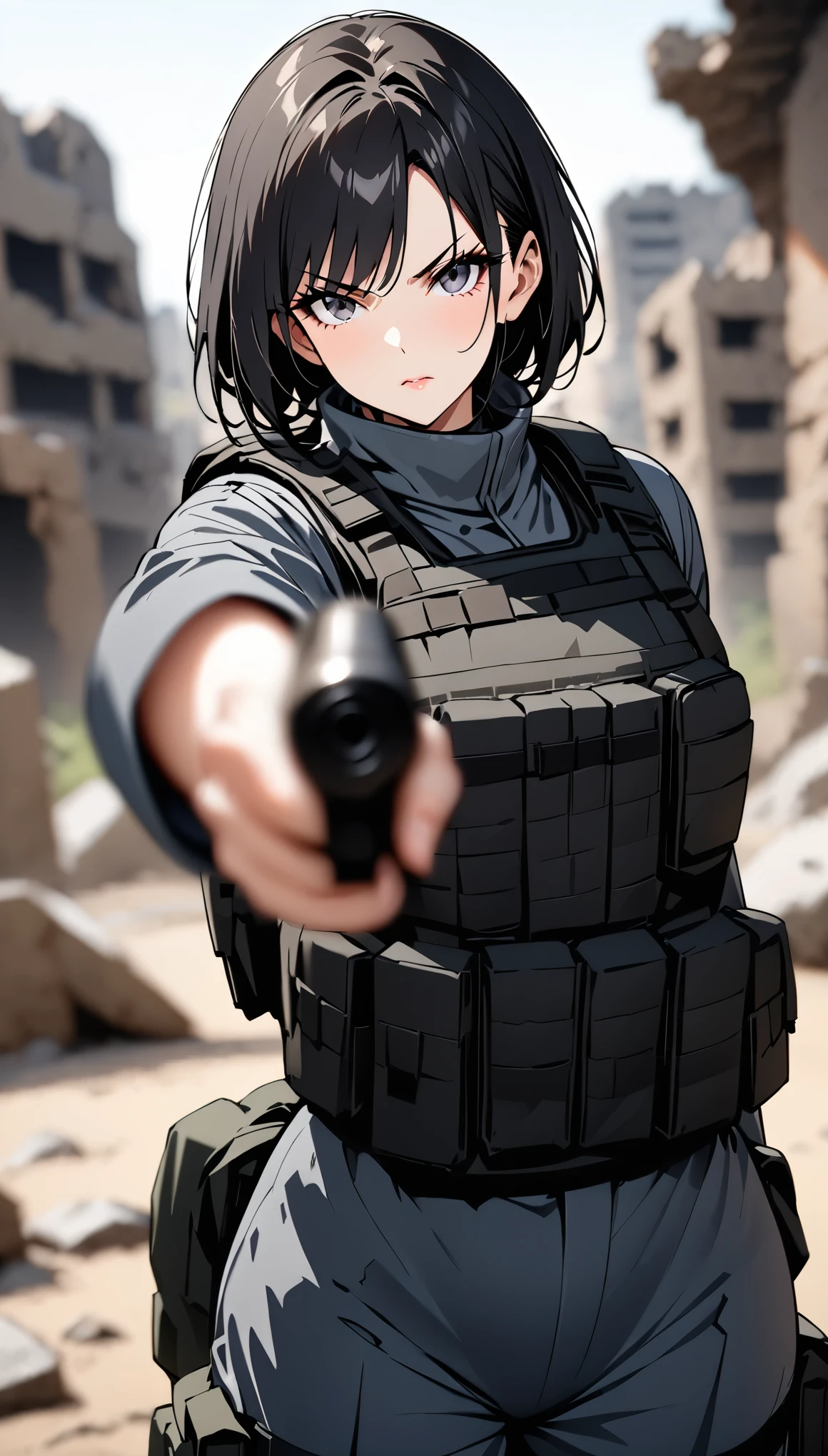 ((masterpiece)),((highest quality)),((High resolution)),((Very detailed)),One woman,48 years old,Mature Woman,Japanese,Black Hair,Short Bob,Beautiful Eyes,Long eyelashes,Beautiful Hair,Beautiful Skin,Serious,BREAK(((pointing pistol))),Handgun,SWAT Uniforms,black bulletproof vest, Combat Boots, Black Tactical Forster,Tactical Headset,((Dark ruins in the background)),(((Background Blur)))