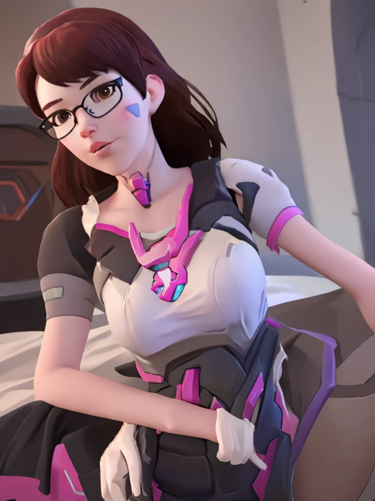 DVA from Overwatch without her roboter, 1 girl solo in her bedroom, a plain white t shirt, round glasses, tied up short brown hair, full upper body, 8k, overwatch cinematic, high res, cgi, physically based render