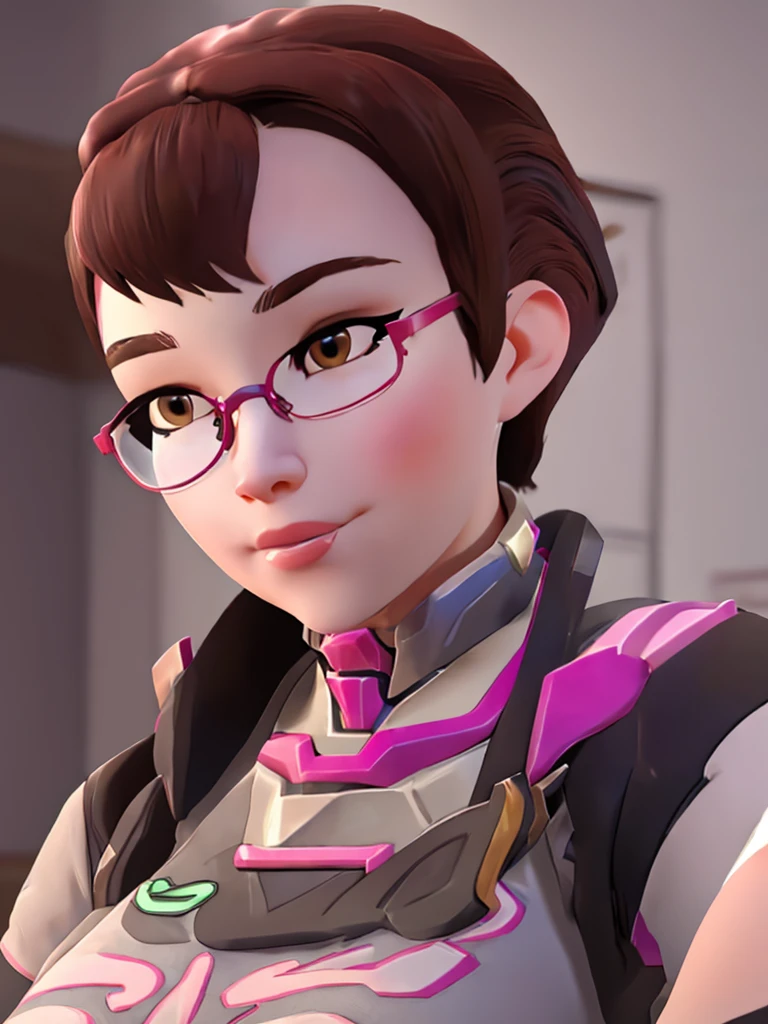 DVA from Overwatch without her roboter, 1 girl solo in her bedroom, a plain white t shirt, round glasses, tied up short brown hair, full upper body, 8k, overwatch cinematic, high res, cgi, physically based render