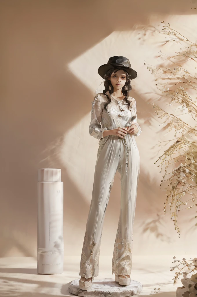 a woman in a room, beautiful detailed eyes, beautiful detailed lips, extremely detailed eyes and face, long eyelashes, woman with black hat, woman with hands in pockets, soft colors, intricate details, studio lighting, (best quality,4k,8k,highres,masterpiece:1.2),ultra-detailed,(realistic,photorealistic,photo-realistic:1.37),photography,mihail kats style,white and light gray