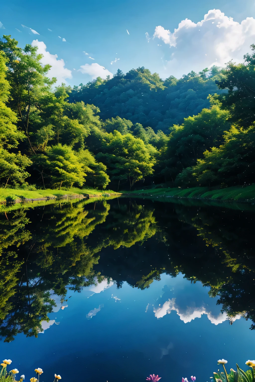 make a fantasy world background with blue sky, forest, and flower