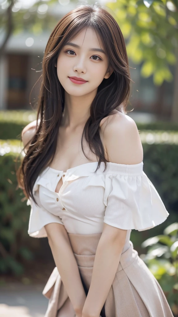 masterpiece, best quality, Ultra-high resolution, High detail photos, Unified 8K wallpaper, Extremely detailed CG:1.2), Depth of Field, Bokeh, (original photo:1.Realistic Photography:1.4), (1 Girl:1.5), young, Physically based representation, beautiful, (Exquisite facial details:1.4, Meticulous costumes), (detailed:1.4) christen (Hidemi Fukada:1.1) rest Cara hermosa, Depth of Field, Add new layer, surreal, 27 years old, Perfect body model, Perfect breasts, Height 175 cm, Strike sexy poses, whole body, whole body, Model body shape, rest (Off-shoulder shirt, skirt, White:1.2), (long hair:1.2), double eyelids, rest garden, Dance, Smile, 