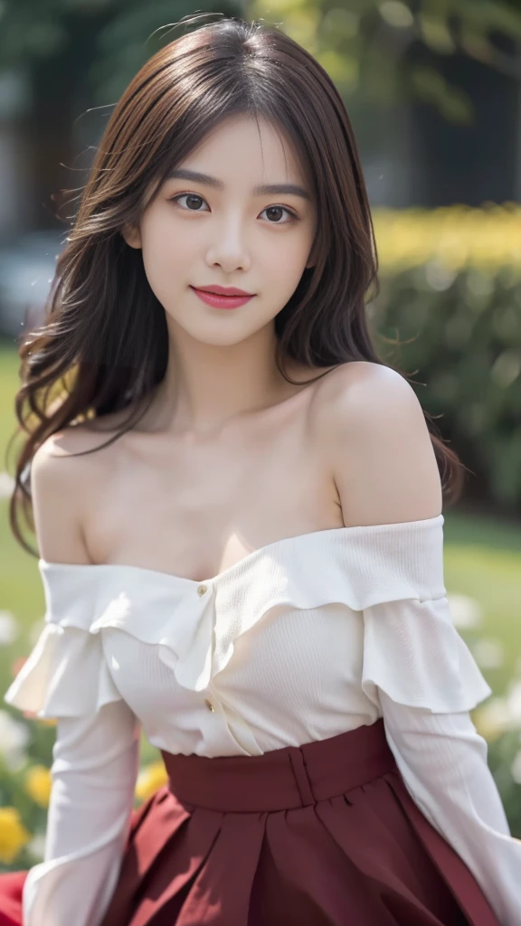 masterpiece, best quality, Ultra-high resolution, High detail photos, Unified 8K wallpaper, Extremely detailed CG:1.2), Depth of Field, Bokeh, (original photo:1.Realistic Photography:1.4), (1 Girl:1.5), young, Physically based representation, beautiful, (Exquisite facial details:1.4, Meticulous costumes), (detailed:1.4) christen (Hidemi Fukada:1.1) rest Cara hermosa, Depth of Field, Add new layer, surreal, 27 years old, Perfect body model, Perfect breasts, Height 175 cm, Strike sexy poses, whole body, whole body, Model body shape, rest (Off-shoulder shirt, skirt, White:1.2), (long hair:1.2), double eyelids, rest garden, Dance, Smile, 