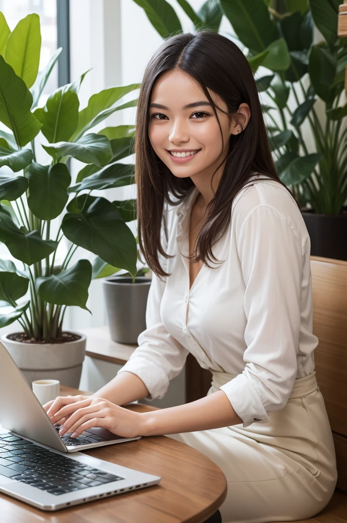 A young professional smiling, using a laptop, sitting in a modern café with plants in the background and a cup of coffee on the table.
