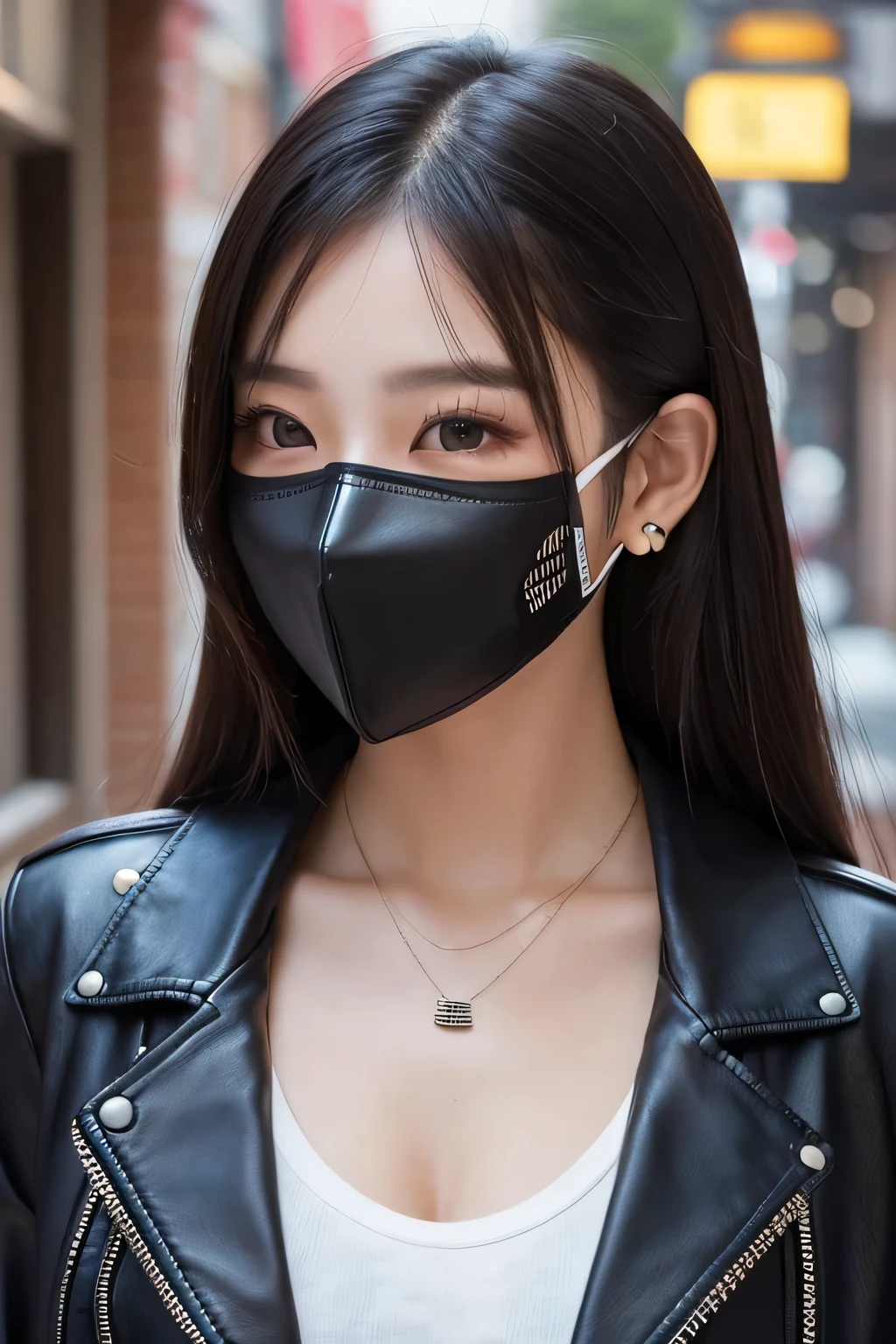 Beautiful Young Woman of the Year、 Korean women、Brown Hair、Necklace around the neck、leather jacket、shirt、Mask on mouth、Intricate details, Very detailed:1.2), 、 Looking into the camera,The background is the town、ear piercing


