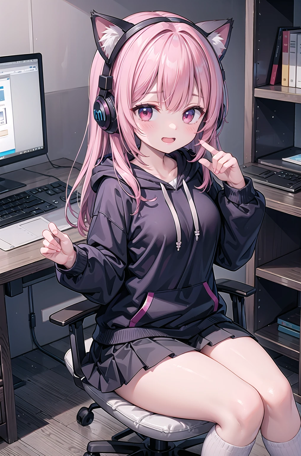 ((Masterpiece, best quality, high quality, very detailed CG uniform 8k wallpaper, very detailed, detailed background, shiny hair,)), 1girl, grin, open mouth, blush, pink lips, long red hair, red eyes, big tits, ((gamer girl, hoodie, mini skirt, cat headphones)), sitting on a chair, computer desk, monitor