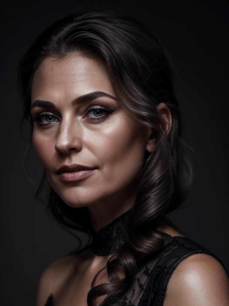 A middle-aged beautiful woman in an elegant black dress, with sensual pose and confident expression, detailed eyes, lips, and skin, long eyelashes, subtle makeup, side view, dramatic lighting, cinematic composition, warm color palette, chiaroscuro lighting, film grain, depth of field, award winning photo