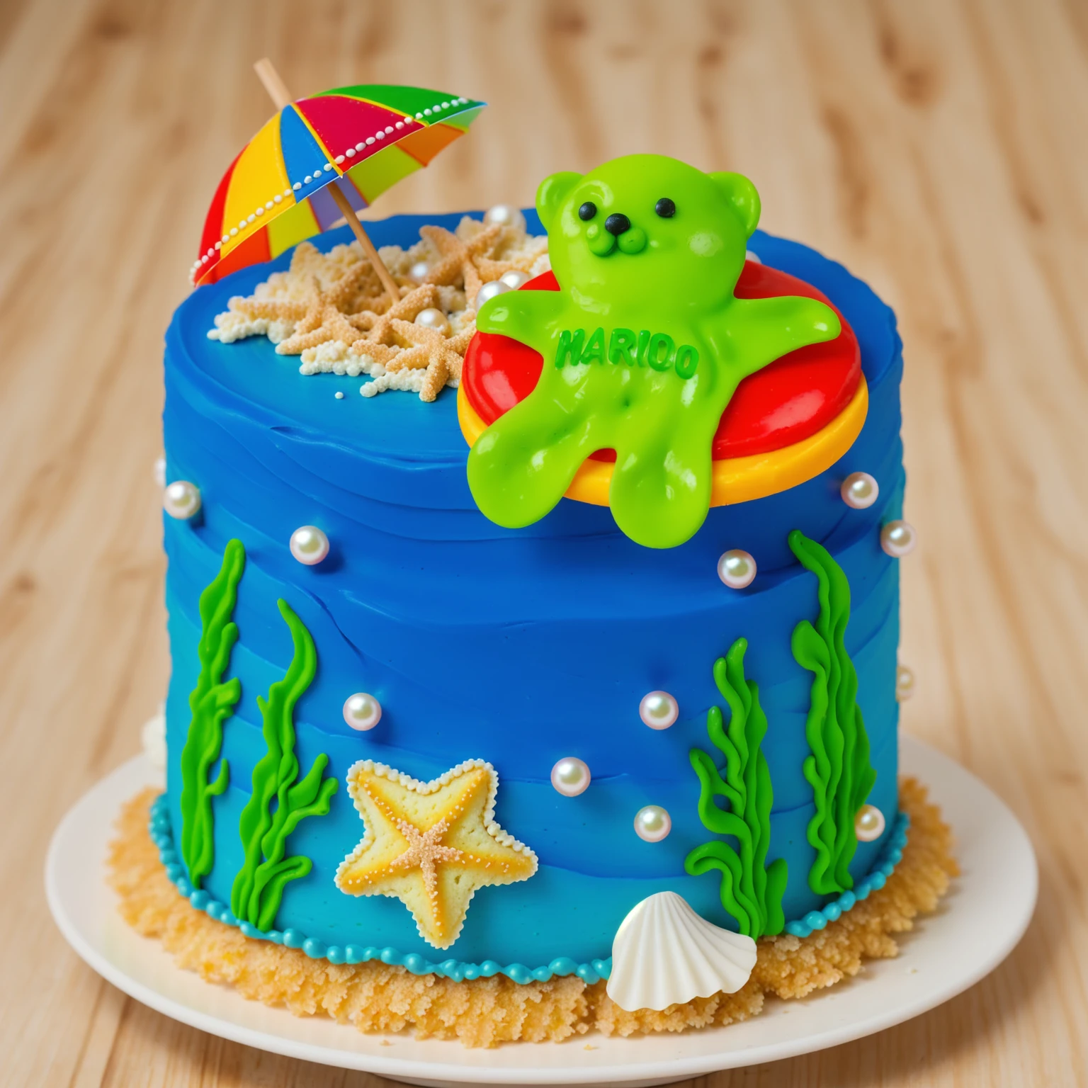 on a wooden table, there is a white plate with cake. blue cream cake. green cream in the form of seaweed. white pearls. shell and starfish made of polymer clay. yellow bread breading in the form of sand. colorful paper umbrella. realistic style. reality texture. Detailed texture . high quality photo. bright lighting. beautiful light. High quality. a high resolution. macro photography. ultra hd 8k