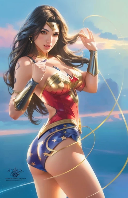 Masterpiece, top quality, squatting, legs wide apart and shins erect, open legs, Watch Viewer, One Girl, Wonder Woman, (intricate details, makeup), (delicate and beautiful delicate face, delicate and beautiful delicate eyes, perfectly proportioned face), (glossy skin: 1.0), delicate skin, strong and realistic blue eyes, realistic black hair, lips, makeup, natural skin texture, tiara, red and gold bustier, Blue thong with White Stars, bracelet, Red knee high boots, golden belt, (wonder woman clothing:1.0), bare shoulders, ((light tan skin: 1.4)), mature, sexy, elastic muscles, (muscles: 1.2), ((strong and healthy body)), (((more) muscles))), cleavage, long legs, curves, (big breasts: 1.3), ribs, thin waist, soft waist, (delicate skin), (beautiful and sexy woman), (swollen lips: 0.9), (eyelashes: 1.2), heavy breathing, moaning, very delicate muscles, perfect body, perfect anatomy, perfect details, perfect fingers, Perfect limbs, thigh gap, (wet:1.1), (((white thick liquid on the thighs))), (((white thick liquid on the breasts))), (((translucent thick liquid dropping down from crotch))), dirty prison interior, (skindentations), chains, bars, lots of debris on the floor, front and back lights, drop shadows, (from below:1.2), (((no close-up))),