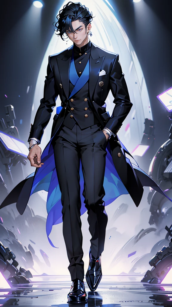 Korean Beautiful Idol Gentleman Anime, adorned with stylish black hair, expounds an air of elegance while standing proudly against a gripping grey background. He dons a glittery light royal blue double-breasted pent coat, the first button artfully open, exuding a sense of casual sophistication as he reveals a sleek black inner shirt. A polished pair of black, shiny dress shoes complete his dapper ensemble. His captivating full-body pose is further enhanced by an animated flourish, invoking a dynamic and captivating image. Royal blue outfit