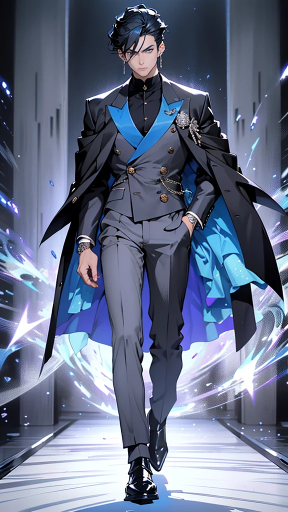Korean Beautiful Idol Gentleman Anime, adorned with stylish black hair, expounds an air of elegance while standing proudly against a gripping grey background. He dons a glittery light royal blue double-breasted pent coat, the first button artfully open, exuding a sense of casual sophistication as he reveals a sleek black inner shirt. A polished pair of black, shiny dress shoes complete his dapper ensemble. His captivating full-body pose is further enhanced by an animated flourish, invoking a dynamic and captivating image. Royal blue outfit