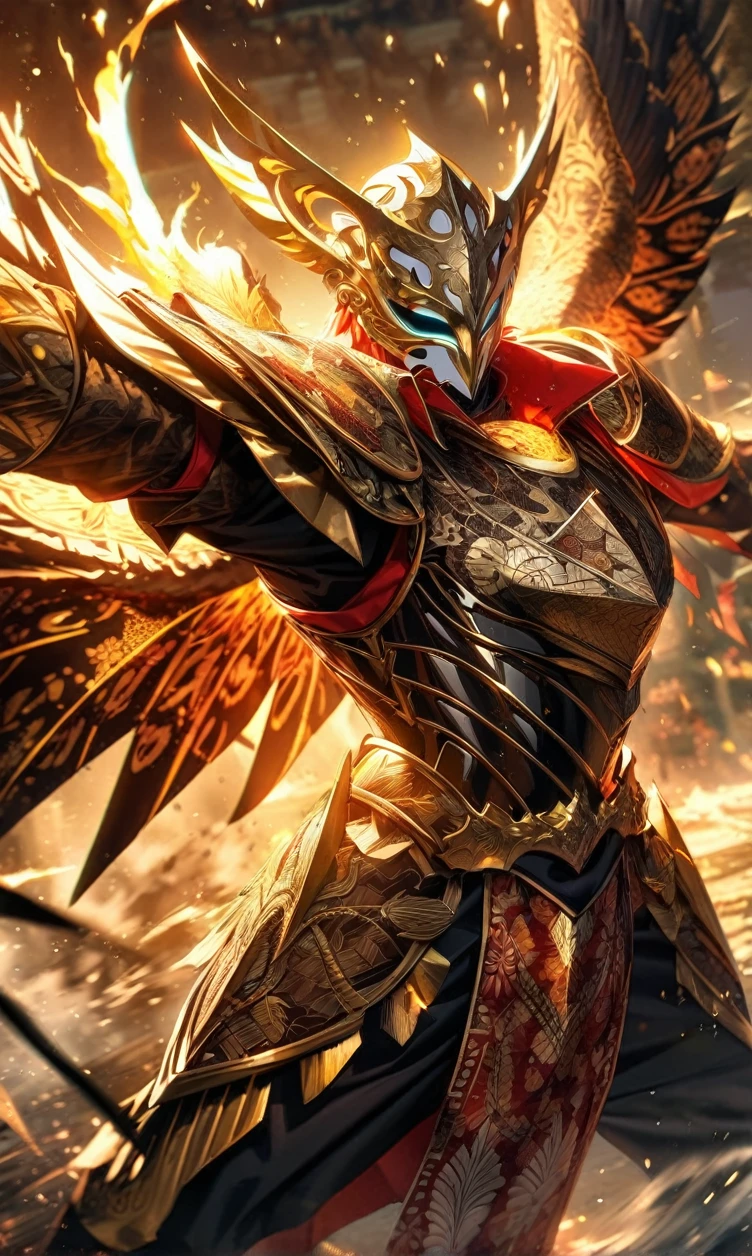 absurdres, highres, ultra detailed, HDR, masterpiece, extremely detailed face and eyes,Indonesian knight,Epic wings,red and white Garuda armor knight , Garuda knight mask, , Indonesia batik pattern , solo, man, handsome, ,, , Epic fight scene, golden splashing effect, golden effect,glowing glitters