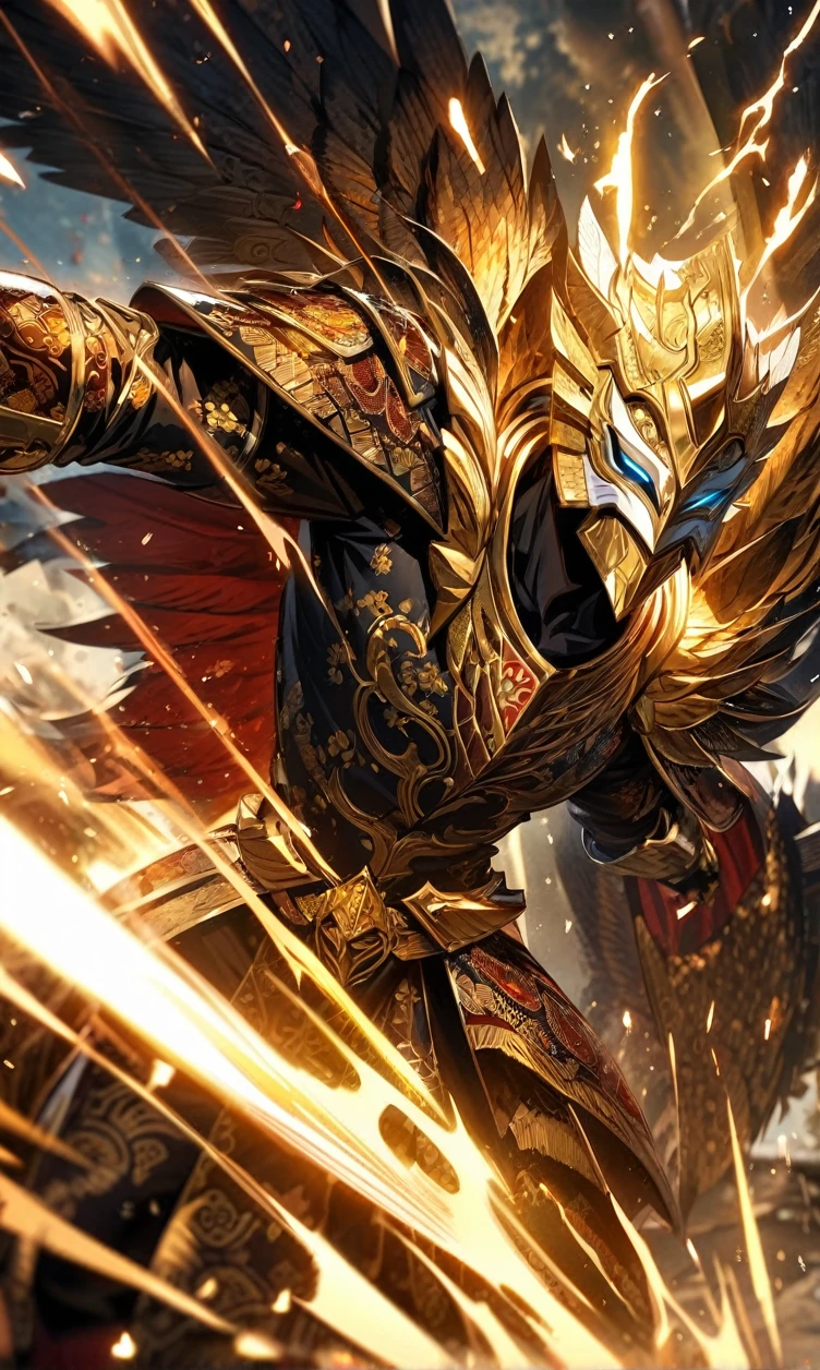 absurdres, highres, ultra detailed, HDR, masterpiece, extremely detailed face and eyes,Indonesian knight,Epic wings,red and white Garuda armor knight , Garuda knight mask, , Indonesia batik pattern , solo, man, handsome, ,, , Epic fight scene, golden splashing effect, golden effect,glowing glitters