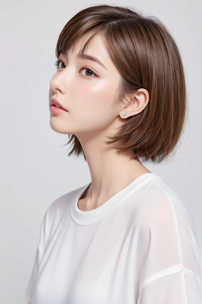 (highest quality、Tabletop、8k、Best image quality、Award-winning works)、((profile:1.4))、ear、((short hair:1.46)),(Brown Hair)、(White casual clothes:1.2)、(The simplest pure white background:1.3)、(Perfectly fixed in front:1.1),(Portrait with Space:1.2)、Beautiful and exquisite、Perfect Makeup、Ultra-high definition beauty face、Ultra HD Hair、Ultra HD Shining Eyes、Super high quality glossy lip、Accurate anatomy、Very beautiful skin、(Pure white skin shining in ultra-high resolution:1.1)、(Very bright:1.2),Big Natural Color Lip、Lip gloss,Harajuku、cute、cute美人