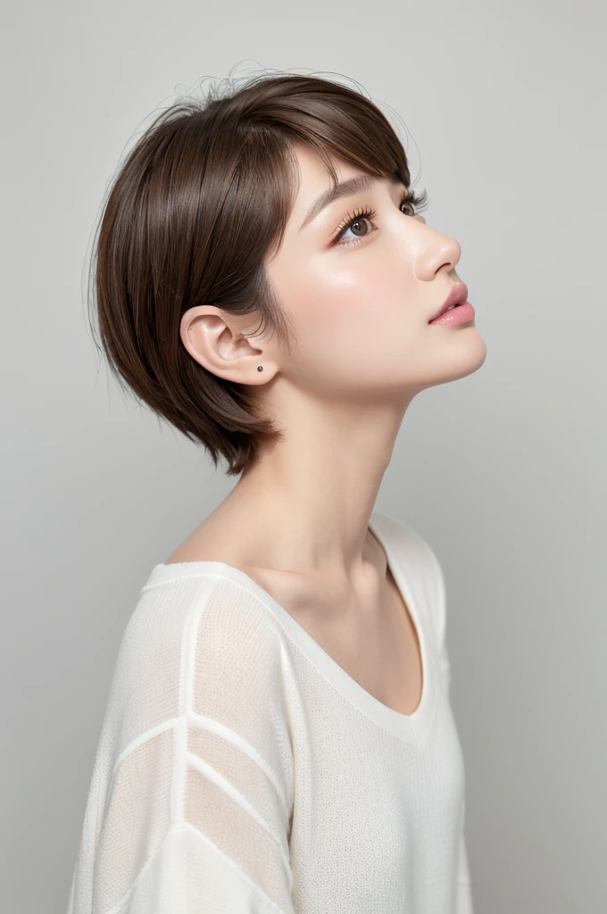 (highest quality、Tabletop、8k、Best image quality、Award-winning works)、((profile:1.4))、ear、((short hair:1.46)),(Brown Hair)、(White casual clothes:1.2)、(The simplest pure white background:1.3)、(Perfectly fixed in front:1.1),(Portrait with Space:1.2)、Beautiful and exquisite、Perfect Makeup、Ultra-high definition beauty face、Ultra HD Hair、Ultra HD Shining Eyes、Super high quality glossy lip、Accurate anatomy、Very beautiful skin、(Pure white skin shining in ultra-high resolution:1.1)、(Very bright:1.2),Big Natural Color Lip、Lip gloss,Harajuku、cute、cute美人