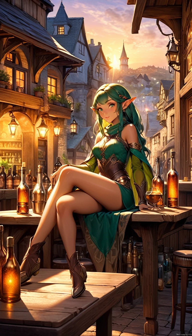 Fantasy art, elf woman relaxing and sitting, detailed and clear rendering, beautiful depiction of face, hands, and legs, sunset cityscape, warm lighting, antique town background, tavern atmosphere, table with bottles and glasses, magical and calming atmosphere
