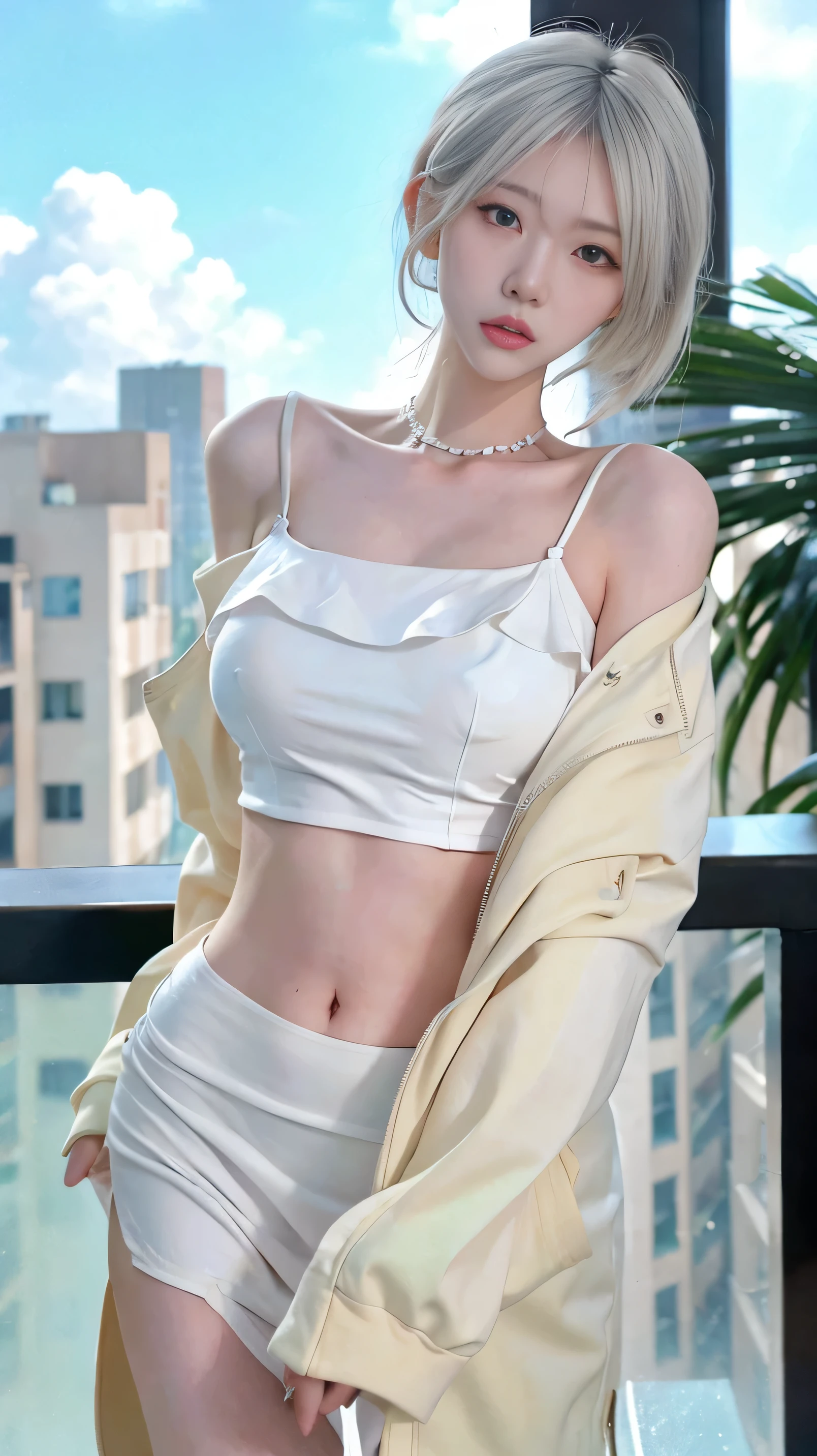 Beautiful woman,Have a perfect body:1.4,Layered Hairstyle,Visible cleavage,Bikini:1.5,Super short pleated skirt,whole body,Highly detailed face and skin textures,Double eyelids,Skin Whitening,Long white hair,Cap pulled down
