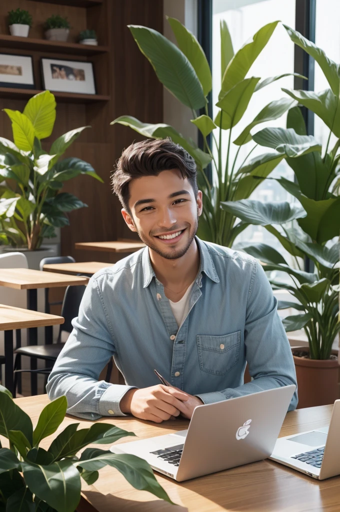 A young professional smiling, using a laptop, sitting in a modern café with plants in the background and a cup of coffee on the table. more real