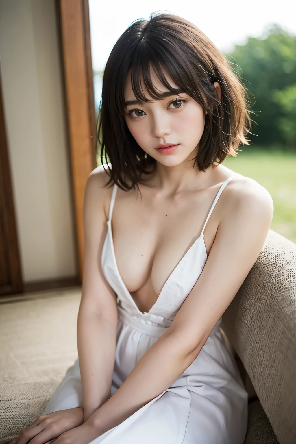 highest quality、 Very detailedな、High resolution、8K Wallpaper、Perfect dynamic composition,、Fine and beautiful eyes、Natural color lip、sexy shot looking at camera、(highest quality: 1.3), (masterpiece: 1.3), (Very detailed: 1.3)、(Delicate hands and fingers:1.2)、slouch、((Japanese Idols))、very cute、bangs、short hair、White dress、、((Small breasts:1.3))、Alley