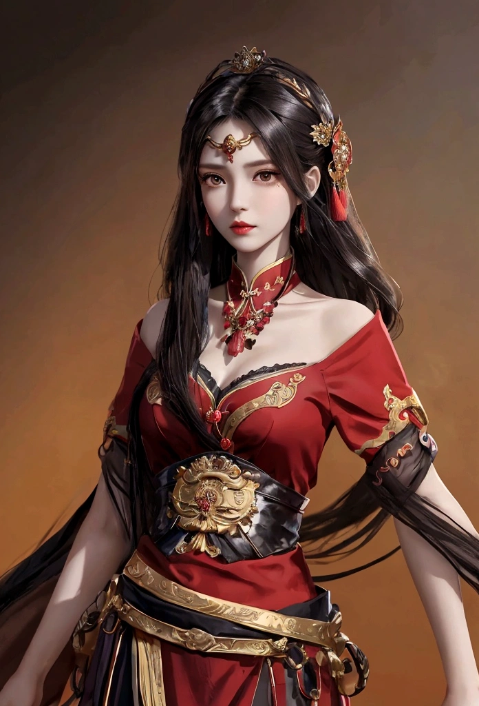 masterpiece,best quality,1girl, brown eyes, black_hair, chinese clothes,red dress,crown,jewelry,hair ornament,looking_at_viewer, cowboy shot,