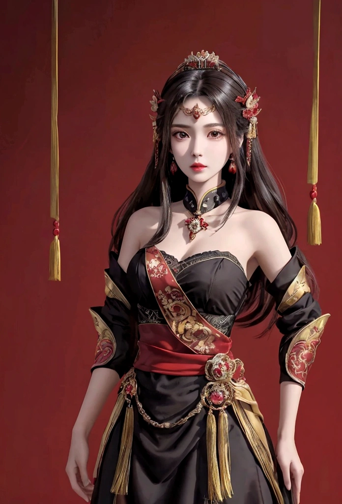 masterpiece,best quality,1girl, brown eyes, black_hair, chinese clothes,red dress,crown,jewelry,hair ornament,looking_at_viewer, cowboy shot,