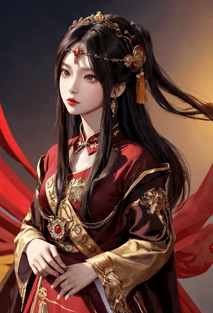 masterpiece,best quality,1girl, brown eyes, black_hair, chinese clothes,red dress,crown,jewelry,hair ornament,looking_at_viewer, cowboy shot,